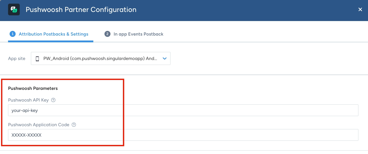 Singular postback configuration form with Pushwoosh Application Code and API Access Token fields