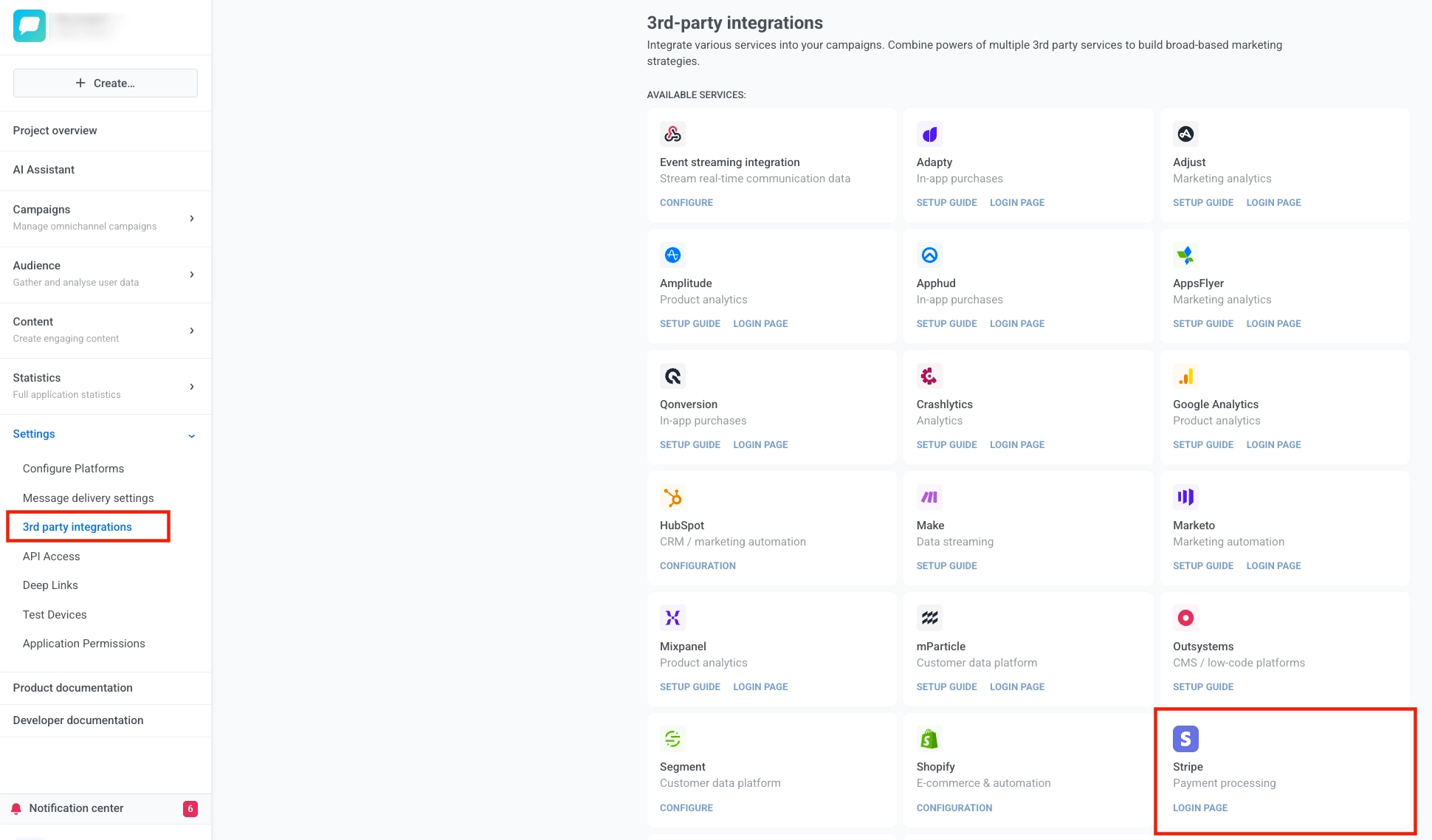 Settings page with 3rd-party integrations section and Stripe card with LOGIN PAGE button