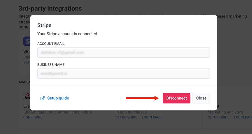 Stripe card SETTINGS popup with Disconnect button in 3rd-party integrations