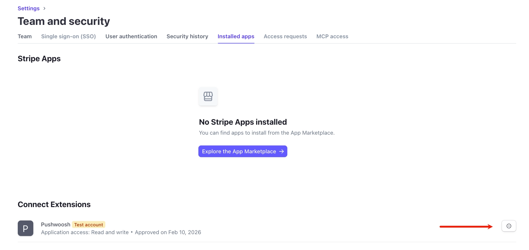 Stripe Dashboard Settings, Team and security, Installed apps, Connect Extensions section