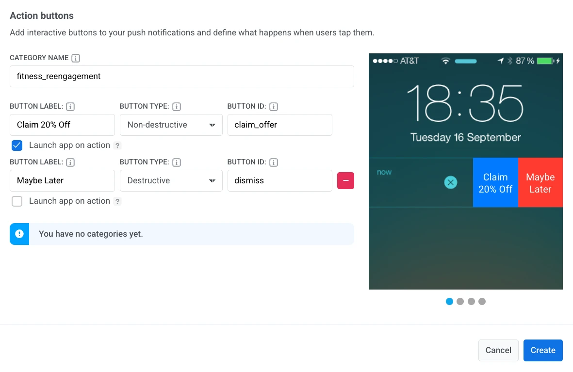 Category form with Claim 20% Off and Maybe Later action buttons