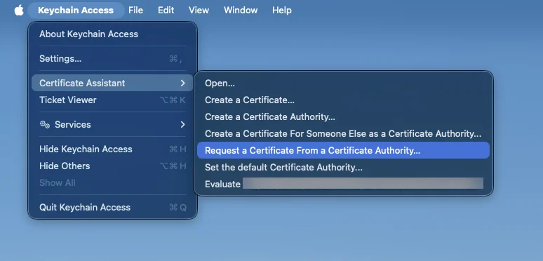 Keychain Access on macOS showing Certificate Assistant menu to request a CSR for APNs certificate