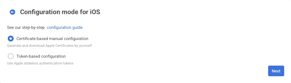 Pushwoosh form with certificate-based manual configuration selected