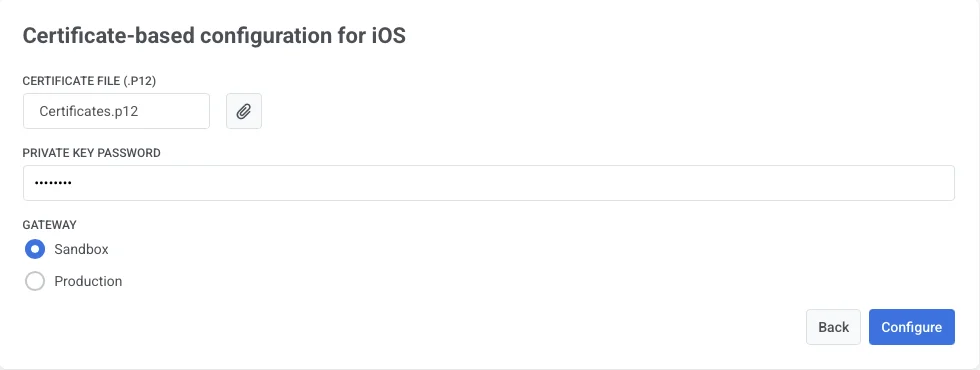 Fields for uploading .p12 file, entering password, and selecting gateway in Pushwoosh