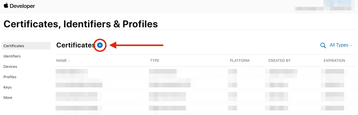 Apple Developer Portal—Certificates, Identifiers & Profiles dashboard with Add certificate button