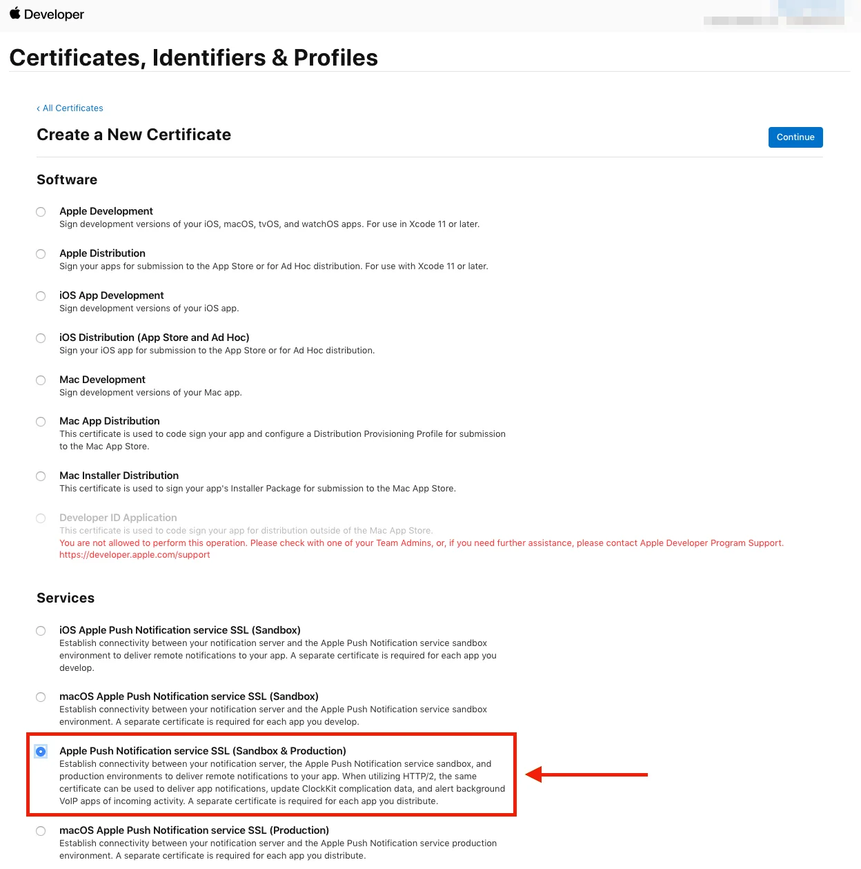Selecting APNs SSL (Sandbox & Production) certificate type in Apple Developer Portal