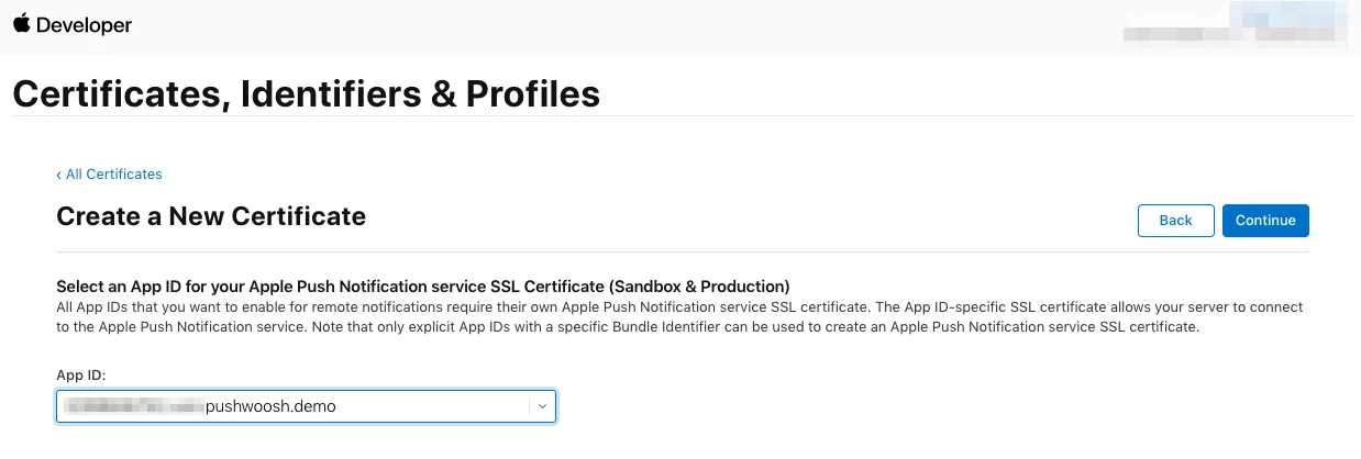 Choosing App ID for APNs certificate issuance in Apple Developer Portal