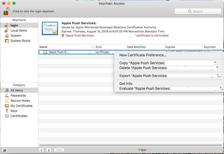 Export the private key as .p12 from Keychain Access