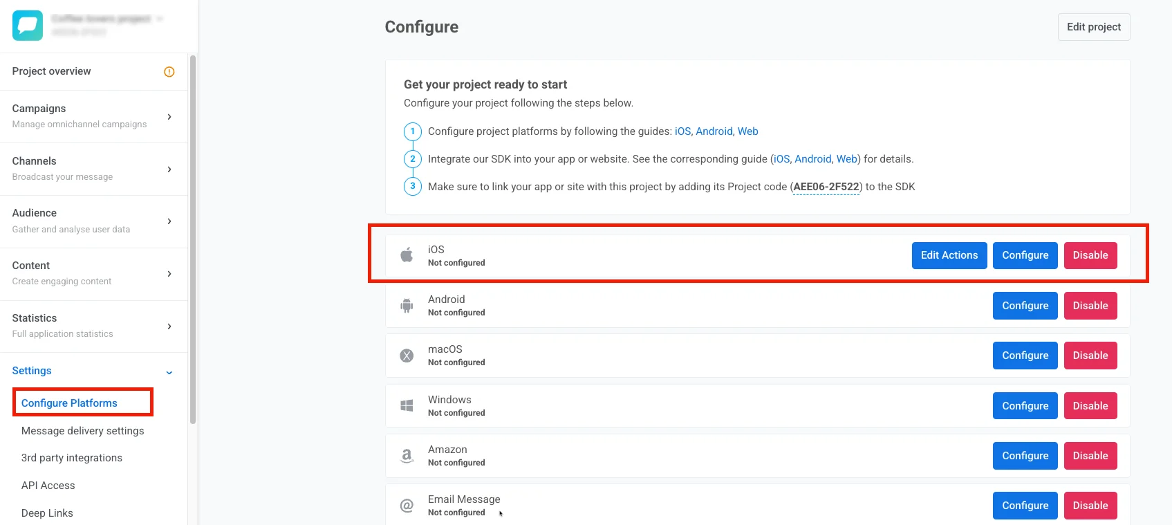 Pushwoosh Control Panel showing iOS row with Configure button