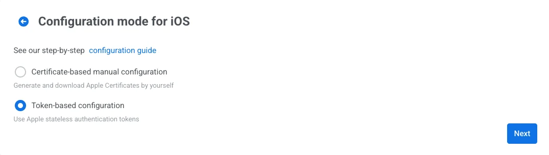 iOS configuration form with token-based manual configuration option selected.