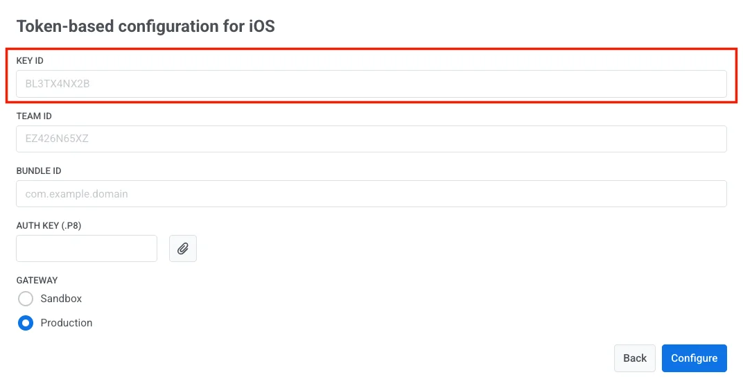 Field in Pushwoosh form to input the Key ID.