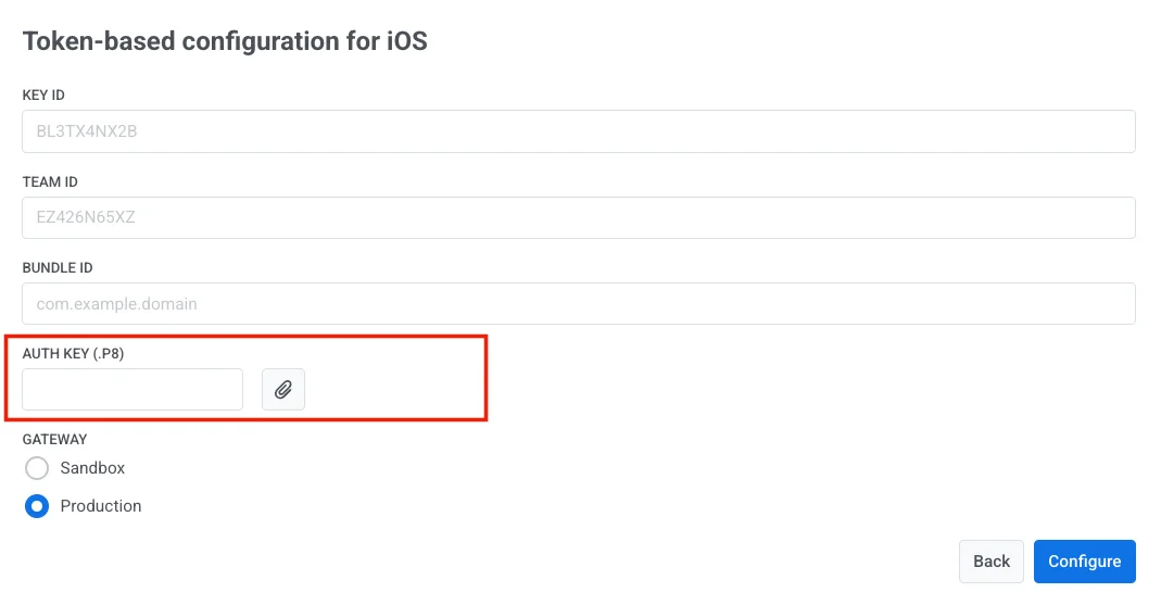 Field in Pushwoosh form to upload the .p8 authentication key file.