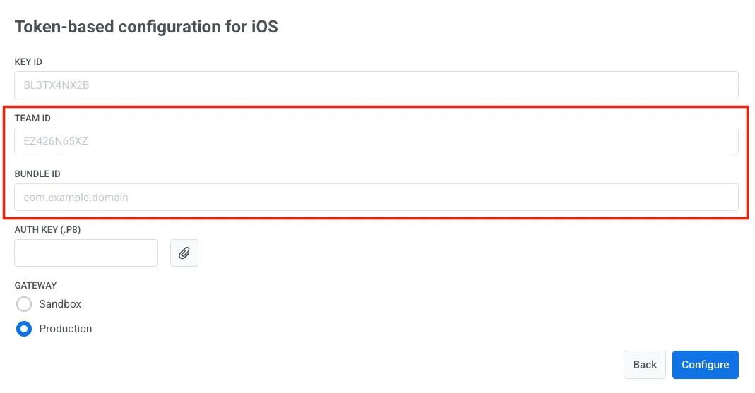 Form fields in Pushwoosh for entering Team ID and Bundle ID.