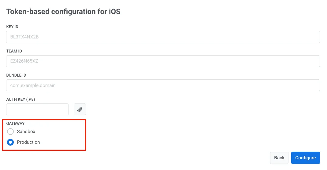 Gateway selection options for Sandbox and Production in the Pushwoosh configuration form.