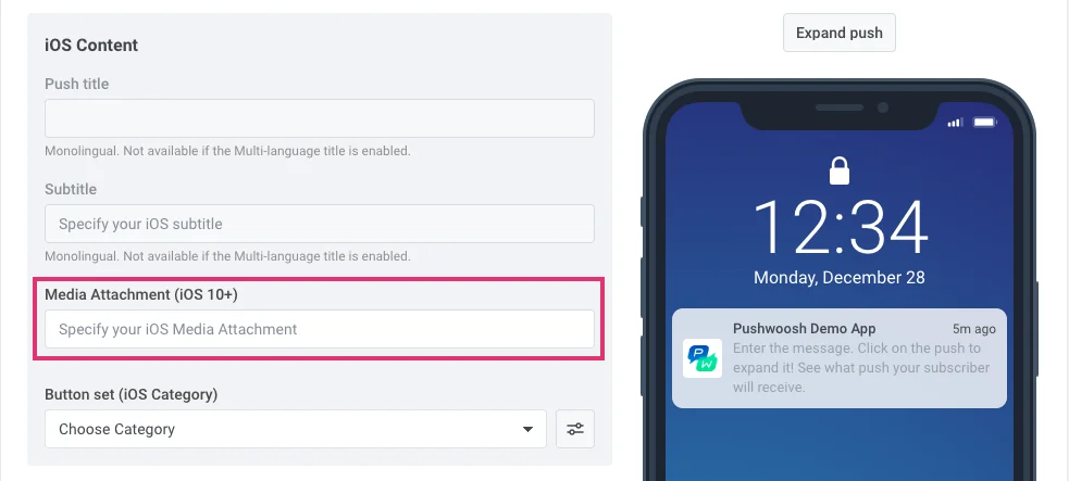 Pushwoosh 控制面板中媒体附件字段中的视频 URL