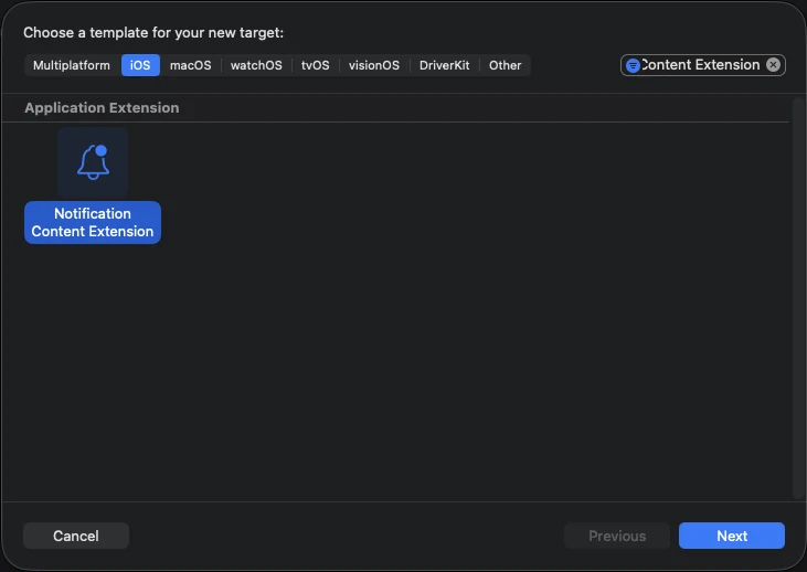 Adding a Notification Content Extension target in Xcode