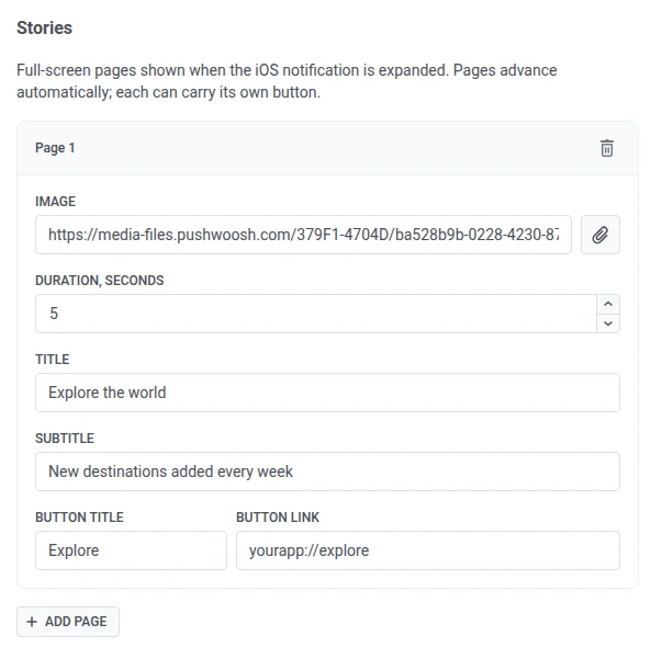 Page 1 of a Stories block expanded, showing its image, duration, title, subtitle, button title and link fields