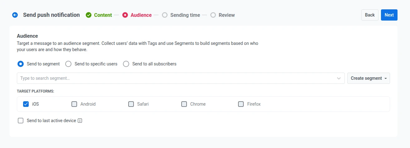 Target platforms on the Audience step narrowed to iOS only for a push stories send