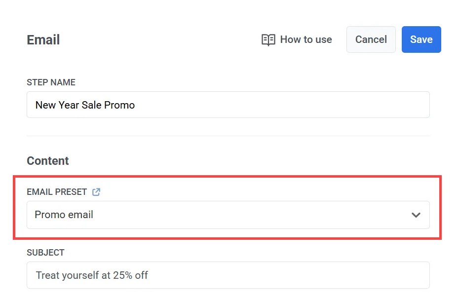 Elemento de correo electrónico en el lienzo del journey