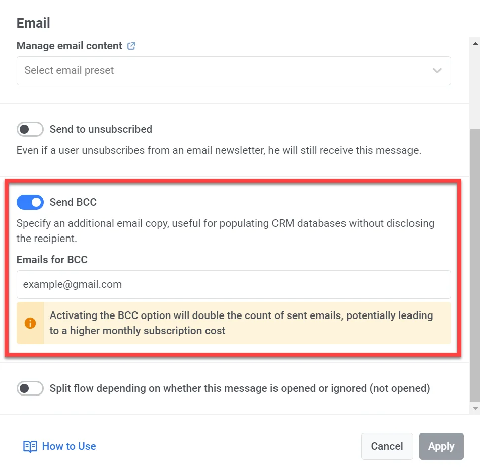Opción de enviar CCO en el elemento de correo electrónico