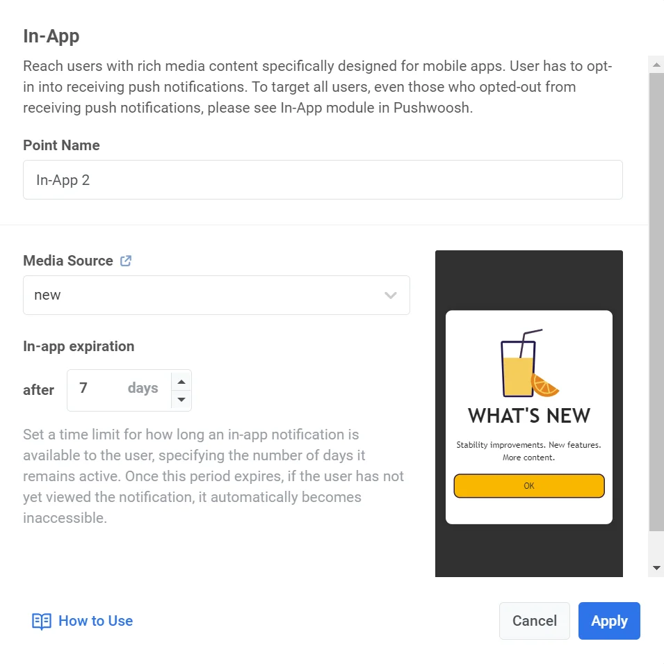 कस्टमर जर्नी कैनवास पर इन-ऐप एलिमेंट जिसे ट्रिगर होने पर एक चयनित रिच मीडिया पेज प्रदर्शित करने के लिए कॉन्फ़िगर किया गया है