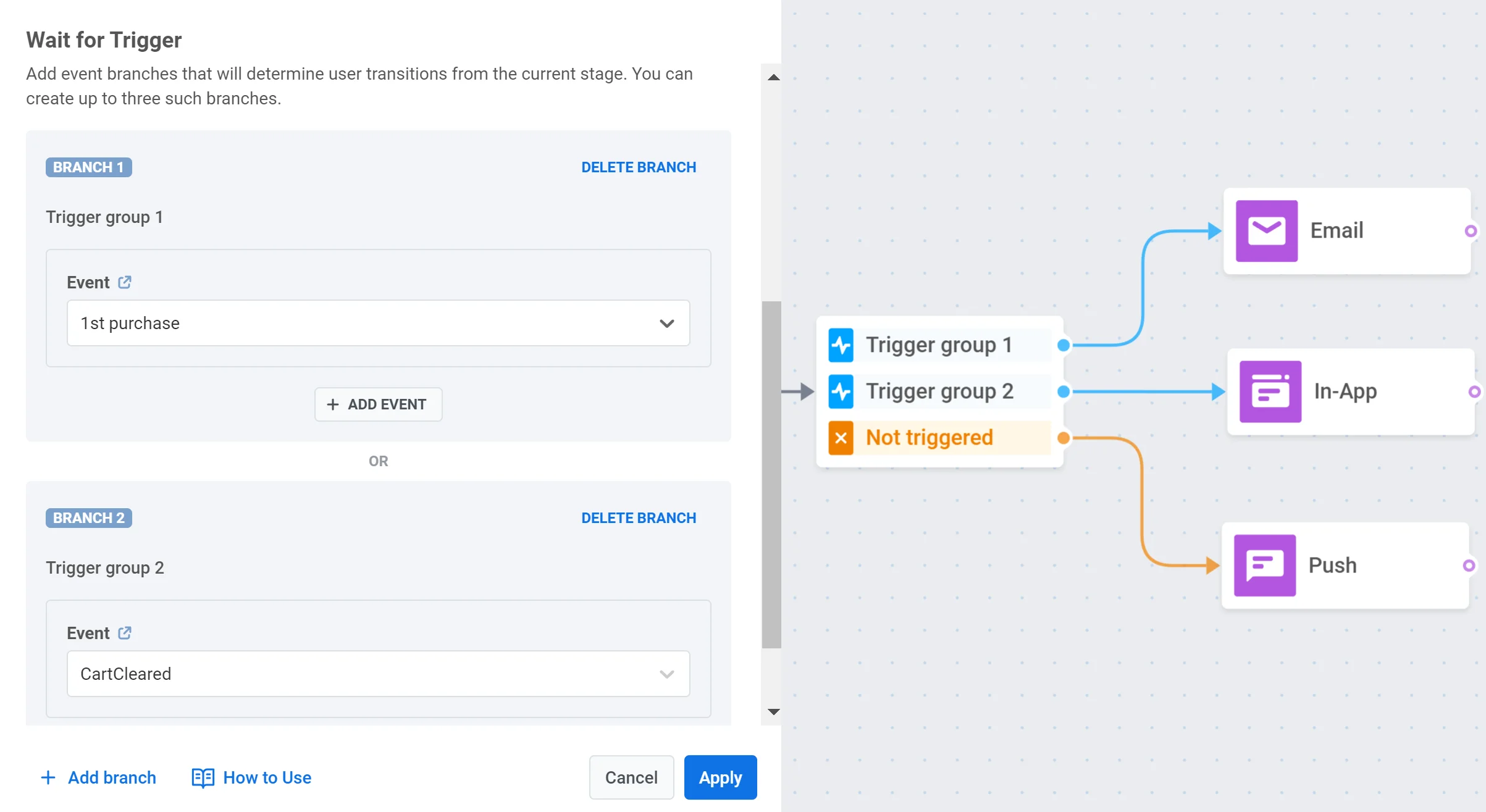 জার্নি ক্যানভাসে ট্রিগারের জন্য অপেক্ষা করুন এলিমেন্ট যা ইভেন্ট-ভিত্তিক শাখাবিন্যাস দেখাচ্ছে