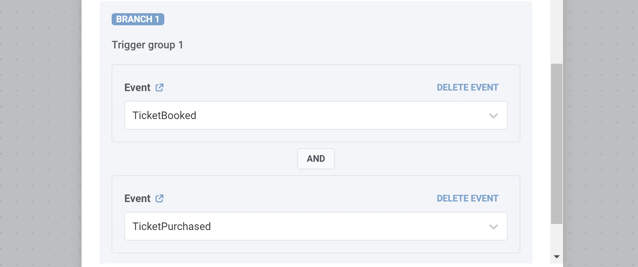 টিকিট বুকিং এবং কেনার জন্য AND লজিক ব্যবহার করে দুটি ইভেন্ট সহ একটি ট্রিগারের জন্য অপেক্ষা করুন কনফিগারেশনের উদাহরণ।