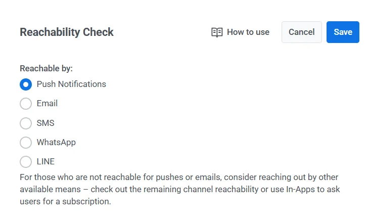 O elemento Verificação de alcançabilidade no construtor de Customer Journey, mostrando opções para verificar diferentes canais de comunicação.