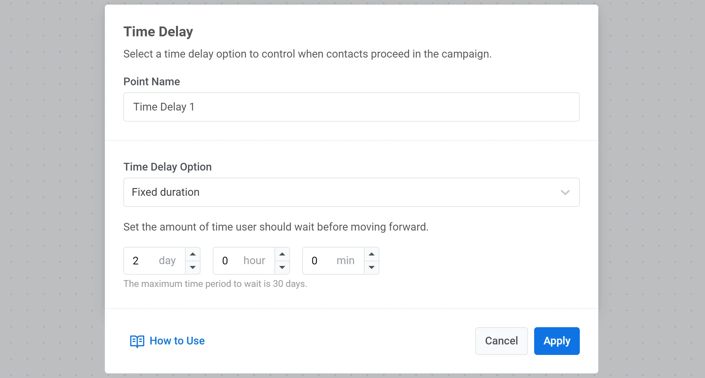 टाइम डिले एलिमेंट जो एक निश्चित अवधि के लिए कॉन्फ़िगर किया गया है, जिसमें एक उपयोगकर्ता आगे बढ़ने से पहले एक निर्दिष्ट अवधि के लिए प्रतीक्षा कर रहा है।