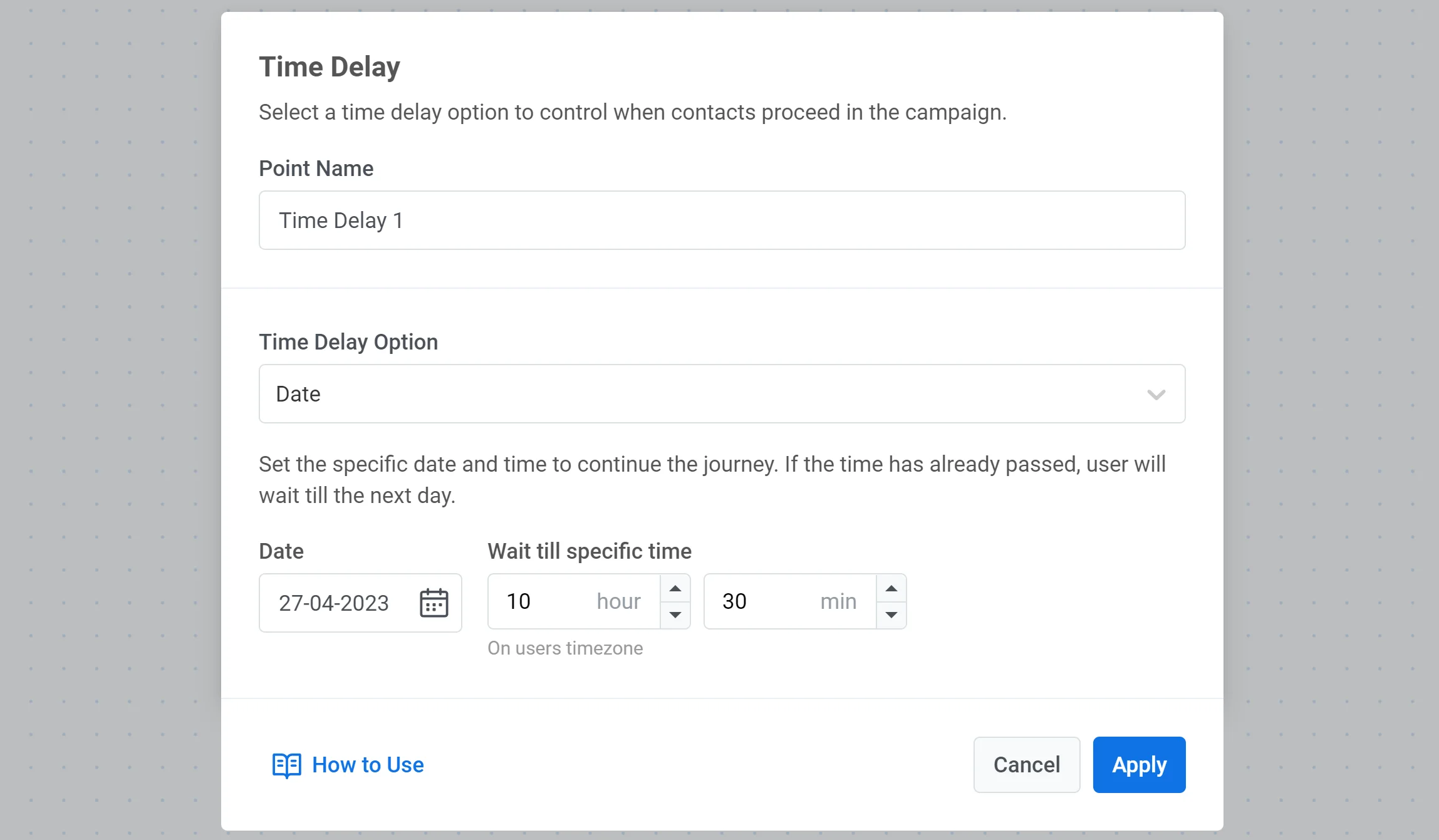एक टाइम डिले एलिमेंट जो एक विशिष्ट तारीख पर सेट है, जो छुट्टियों के प्रचार जैसे एक बार के अभियानों को शेड्यूल करने के लिए आदर्श है।