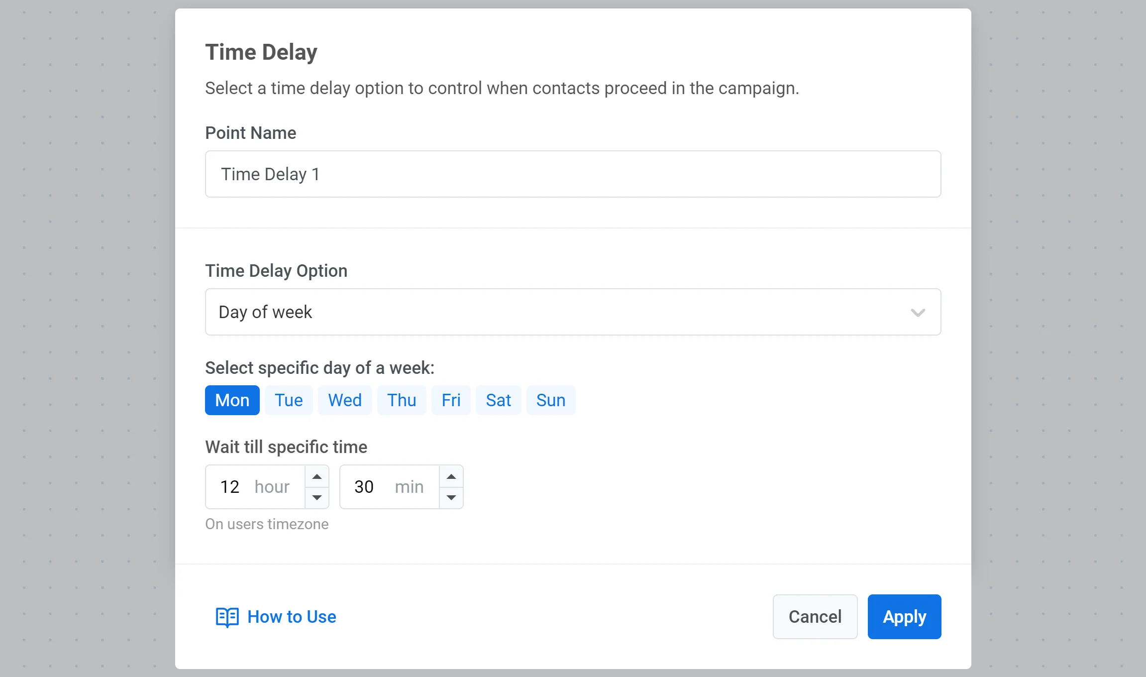 टाइम डिले एलिमेंट जो सप्ताह के एक विशिष्ट दिन के लिए कॉन्फ़िगर किया गया है, जो साप्ताहिक आवर्ती शेड्यूल की अनुमति देता है।