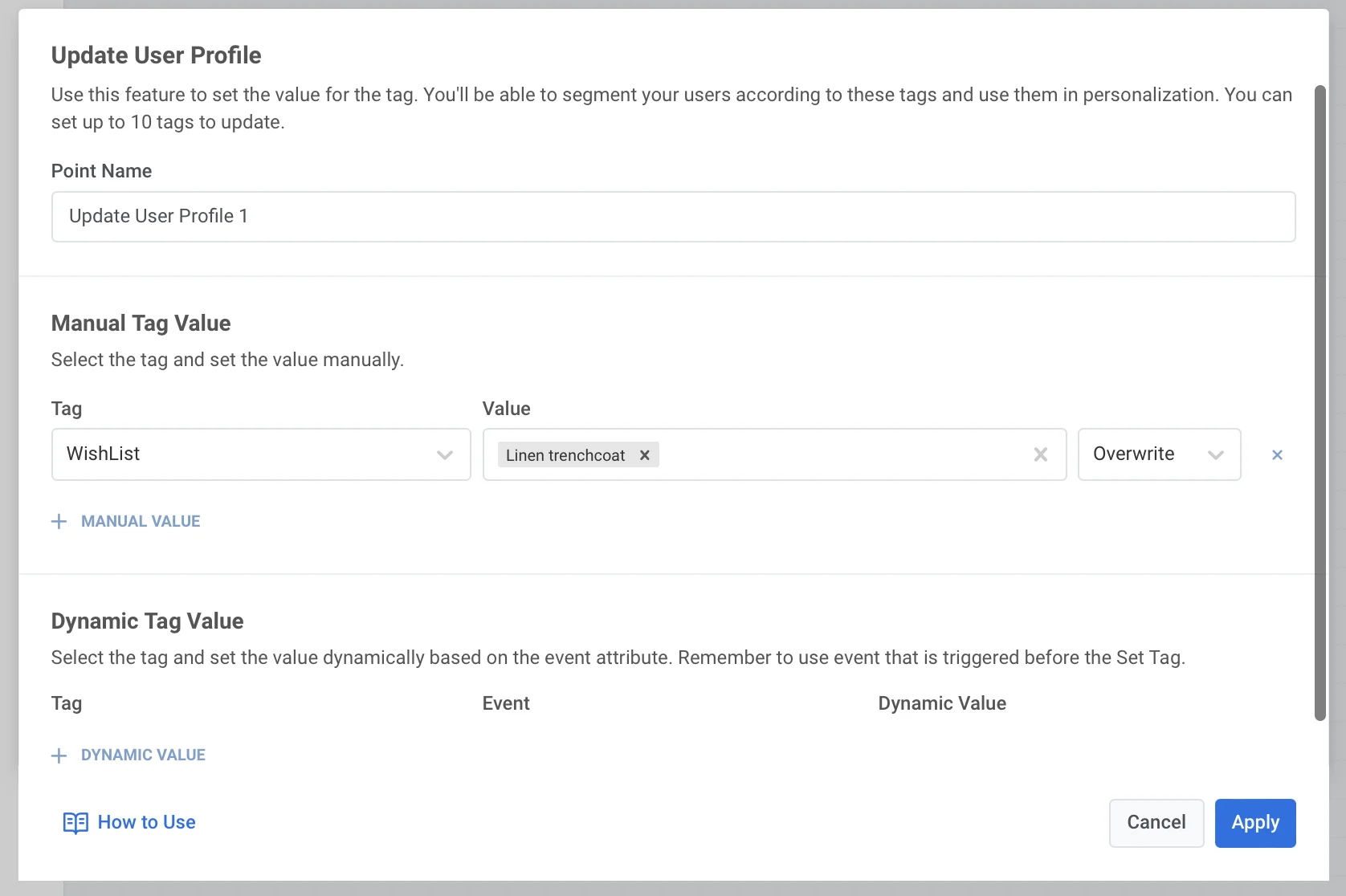 Das Element 'Benutzerprofil aktualisieren' zeigt Optionen zur manuellen Tag-Zuweisung im Customer Journey Builder.