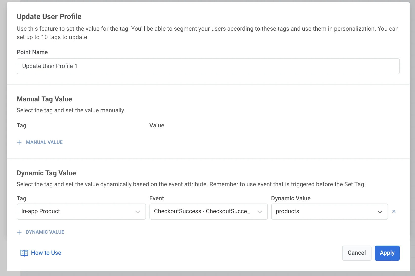 Die Konfiguration für den dynamischen Tag-Wert zeigt Optionen zur Event-Auswahl und zum Tag-Mapping.