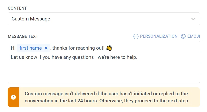 WhatsApp element configured to send custom content