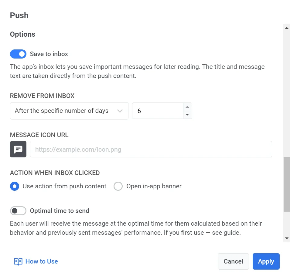 सेटिंग्स के साथ पुश एलिमेंट में इनबॉक्स में सहेजें विकल्प