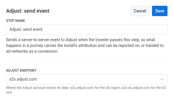 Drawer ‚Adjust: Event senden‘ mit den Feldern Schrittname und Adjust-Endpunkt