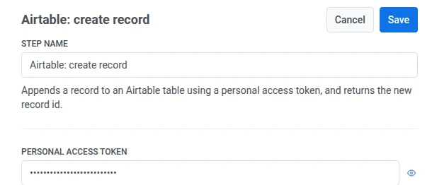 Gaveta de criação de registro do Airtable com o Nome da Etapa preenchido e o Token de acesso pessoal mascarado