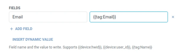 Tabela de nome e valor de Campos com E-mail mapeado para uma macro de tag