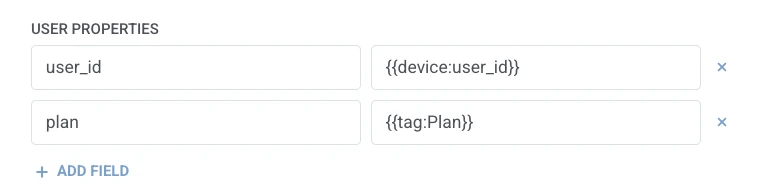 Tabelle der Benutzereigenschaften mit user_id und plan, die Geräte- und Tag-Makros zugeordnet sind