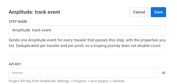 Amplitude track event drawer with Step Name filled and API key masked