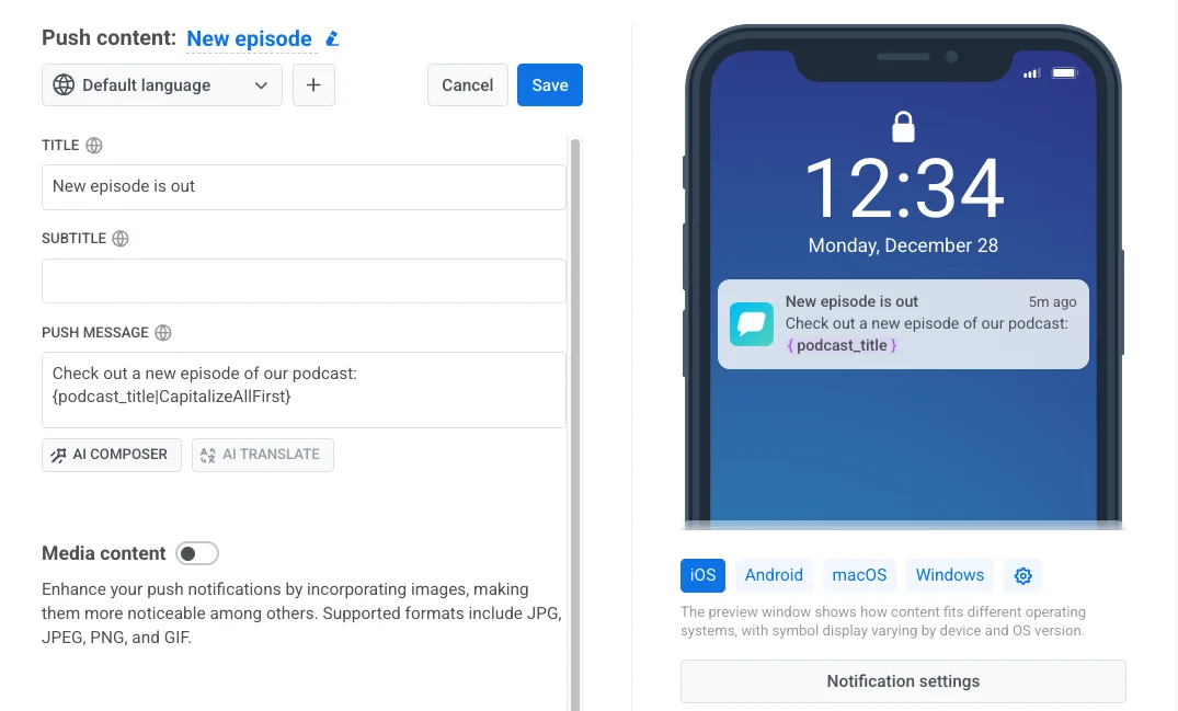 Insertar un marcador de posición en un preset de push para contenido dinámico