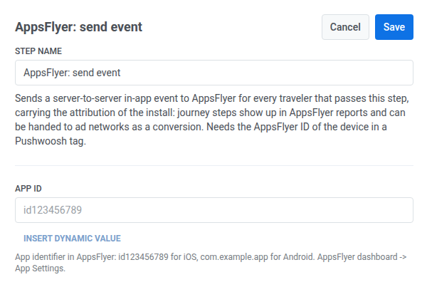 AppsFlyer send event drawer with Step Name and App ID fields