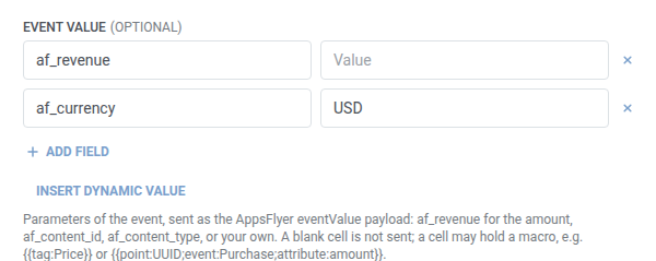 Event value field with af_revenue and af_currency rows in the AppsFlyer send event drawer