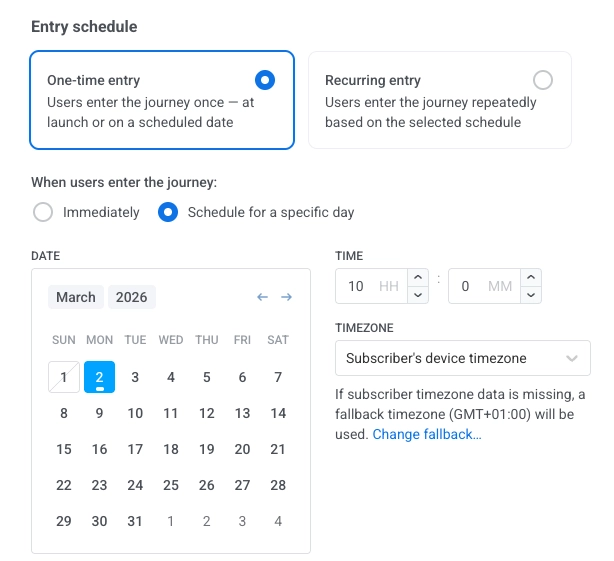 Audience-based entry: 날짜, 시간, 시간대가 있는 특정 날짜에 예약