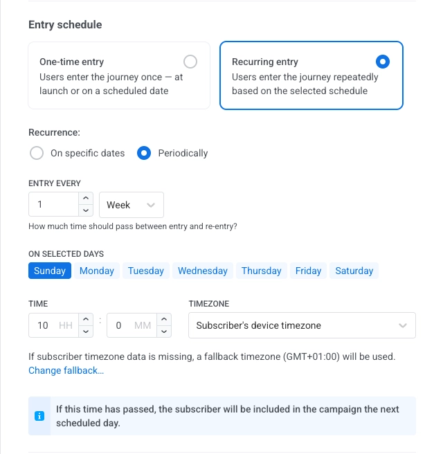 Audience-based entry: ব্যবধান, নির্বাচিত দিন, সময় এবং টাইমজোন সহ পর্যায়ক্রমে পুনরাবৃত্তিমূলক এন্ট্রি