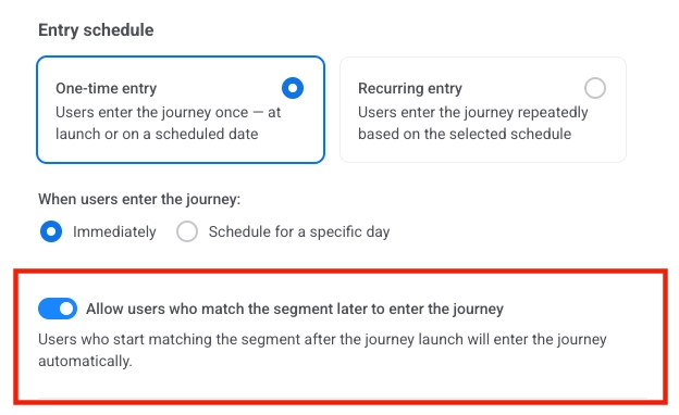 Entrée basée sur l'audience : Option pour autoriser les utilisateurs qui correspondent au segment plus tard