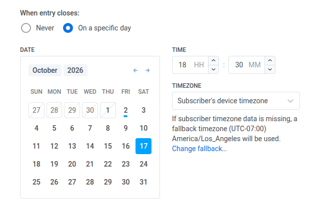 Entrée basée sur l'audience : Quand l'entrée se ferme réglé sur À une date précise avec date, heure et fuseau horaire