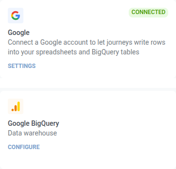 إعدادات تكاملات الجهات الخارجية تظهر بطاقة اتصال Google بجانب بطاقة Google BigQuery المنفصلة