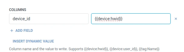 جدول اسم وقيمة الأعمدة مع تعيين device_id إلى ماكرو hwid للجهاز