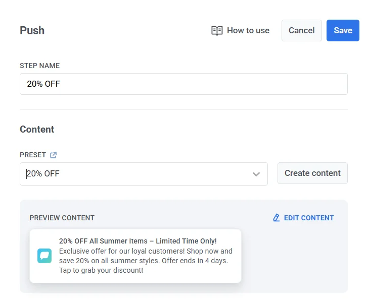 ट्रिगर के बाद पुश एलिमेंट जोड़ें और एक प्रीसेट चुनें